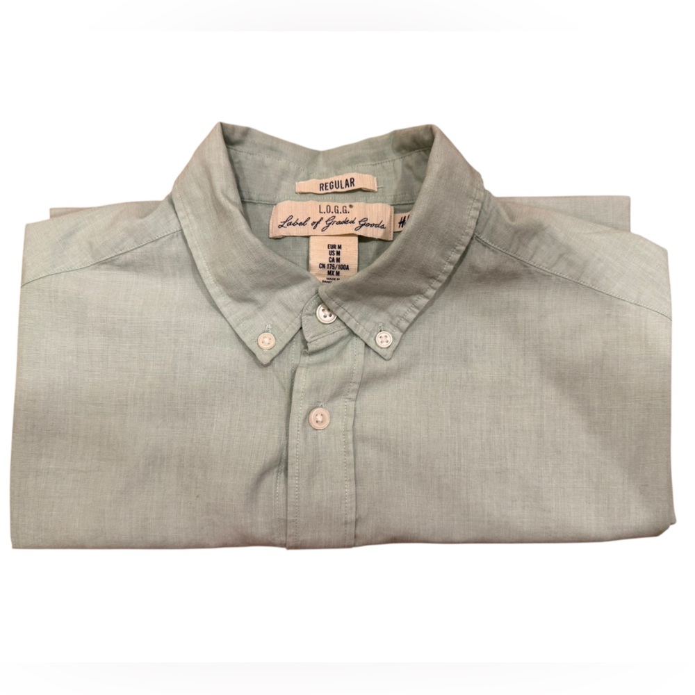 H&M L.O.G.G. Mens Regular Fit Short Sleeve Button Down Shirt Sage Green Size M